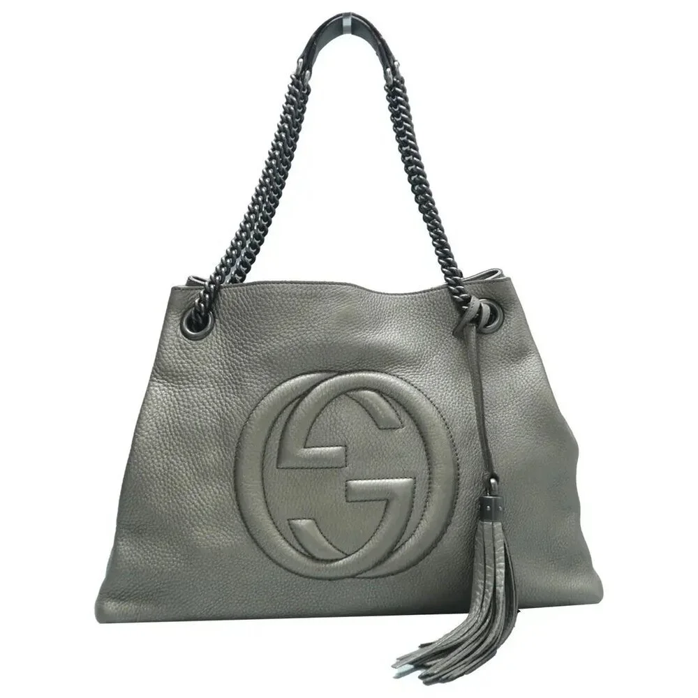 100% Authentic GUCCI Soho Grey Leather Shoulder Bag 533-11424 - Picture 1 of 12